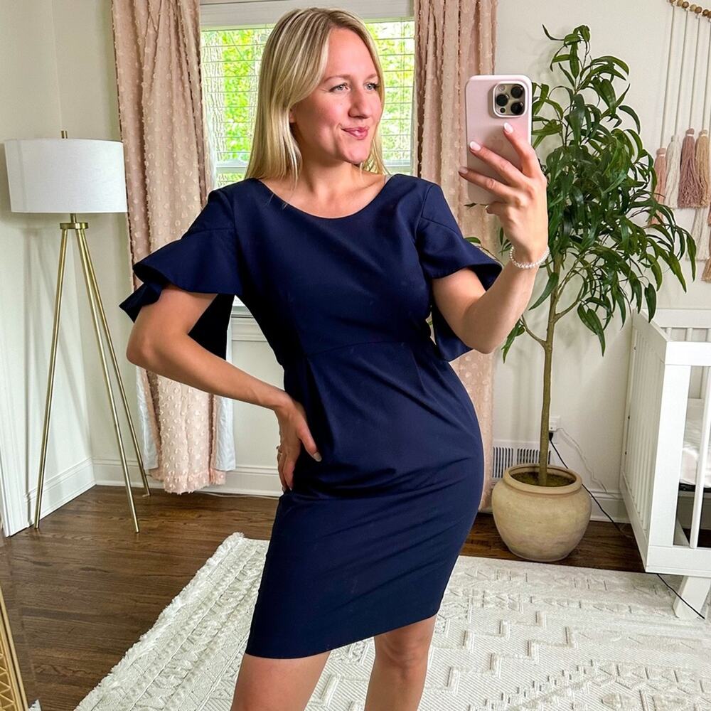 Camilyn Beth Silk Combo Ruffle Sleeve Dress in Navy - Picture 2 of 7